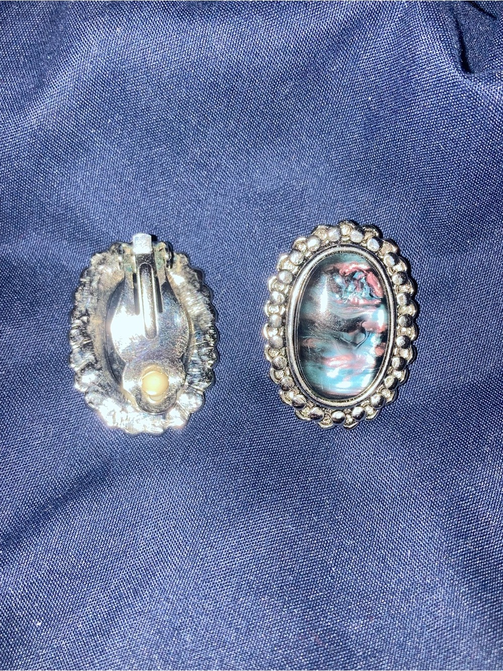 VintageSilver Oval Clip-On Earrings with  Blue-Pink Abalone Cabochon